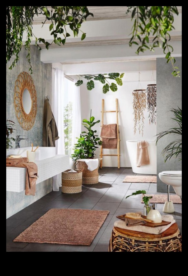 Care sunt câteva idei de decor boeme pentru baie cu elemente boho eclectice?